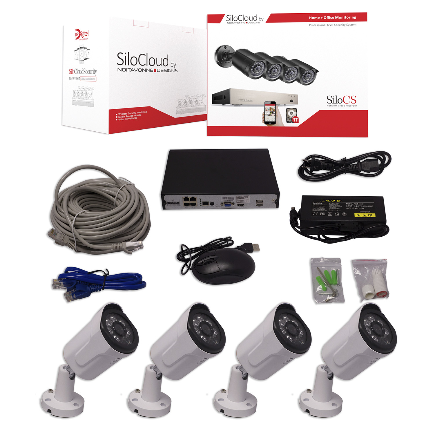 Silo CS Network Video Recorder - For Use In Homes, Stores, Supermarkets, Warehouses, Garages, Small Shops And More. Equipped With 4 Cameras, It Has Never Been Easier To Keep Your Family And Belongings Secure.Includes:4 Wired Camera2 Ethernet CablesAc AdapterMounting HardwareMouseVideo Recorder DevicePower Cord
